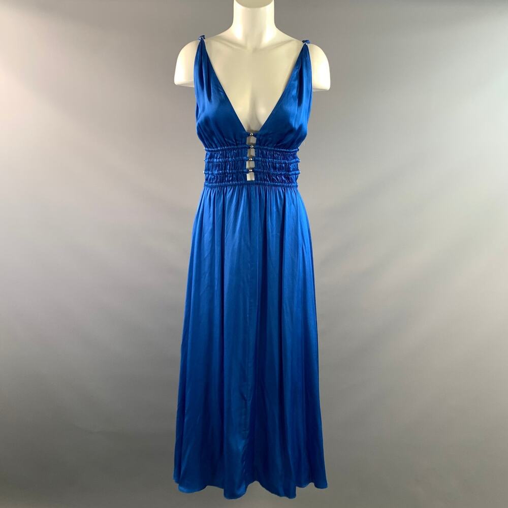 MAJE Size 4 Blue Viscose Pleated V Neck Long Dress